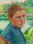 (attr.) Blondes Mädchen van Emile Claus: portret met meisje, rood haar, groen en blauwe blouse, in groen en blauw
