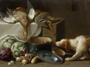 (attr) Küchenstillleben mit Enten van Jan Weenix: stilleven met eenden, groente, hond en keuken, in koel grijs met wit