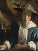 Attributed to , Girl with a Flute, probably 1665 1675 van Toegeschreven aan Johannes Vermeer: portret met meisje, hoed, fluit en blauw, in warm bruin met blauw