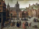 Attributed to , The Marketplace in Bergen op Zoom, probably 1590 and 1597 van Toegeschreven aan Abel Grimmer: stad met markt, huizen, mensen en kerk, in warm bruin met blauw