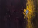 Abstract schilderij met het paletmes in aubergine en mosterd