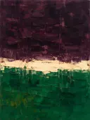 Aubergine en smaragd gestapeld, abstract schilderij met het paletmes