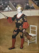 Auguste (1841 1919) De clown Kröller Müller Museum Otterlo 23 8 2016 13 25 53 van Pierre-Auguste Renoir: portret met clown, jongen, kostuum en stoel, in rood en zwart