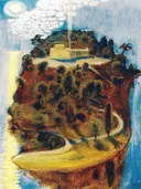 Autuaitten saari van Akseli Gallen-Kallela: landschap met eiland, water, maan en bomen, in blauw en okergeel