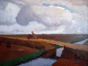 Autumn landscape at the North Sea coast with canal van Otto Modersohn: landschap met kanaal, brug, wolken en herfst, in grijsblauw met okerbruin