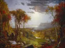 Autumn - On the Hudson River van Jasper Francis Cropsey: landschap met herfst, rivier, bomen en bergen, in rood, oranje en goud
