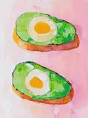 Schilderij van avocadotoast met een gepocheerd ei.