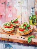 Schilderij van toast met avocado en tomaat naast een fles olijfolie en basilicumblaadjes.