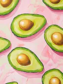 Schilderij van een patroon van doorgesneden avocado's.