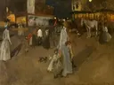 Avond op de Dam in Amsterdam van George Hendrik Breitner: stad met Amsterdam, avond, mensen en plein, in warm bruin en oker
