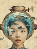 Aziatisch meisje met visjes in helm, surrealisme schilderij
