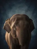 Studioportret van Aziatische Olifant van voren, tegen een geschilderd doek in inktblauw