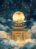 Gouden Aziatische tempelpoort tussen wolken onder een grote gele volle maan en sterrenhemel.