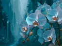 Schilderij van blauwe orchideeën met vlinders in een grot met waterval