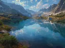 Schilderij van een blauw bergmeer met herfstkleurige oever en besneeuwde bergen