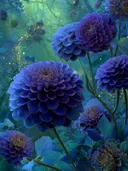 Schilderij van azuurblauwe dahlia's in een groen sprookjesbos