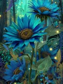Schilderij van azuurblauwe zonnebloemen met vlinders in een jungle