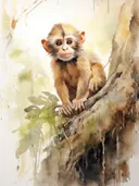 Aquarel van een baby aapje met grote bruine ogen op een tak.