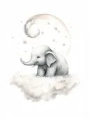 Potloodtekening van een babyolifant op een wolk met maan en sterren.