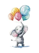 Babyolifant met een tros kleurrijke ballonnen