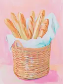 Schilderij van baguettes in een rieten mand met een linnen doek.