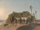 Baigneuses van Jean-Leon Gerome: landschap met kamelen, palmen, woestijn en karavaan, in zandgeel en lichtblauw