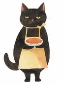 Schilderij van een zwarte kat in bakkersschort met een taart