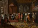 Bal aan een Brussels hof van Frans Francken the Younger / Paul Vredeman de Vries: interieur met bal, dansers, zaal en hof, in donker met rood en goud
