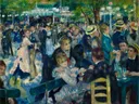 Bal du Moulin de la Galette van Pierre-Auguste Renoir: figuren met dansen, mensen, tuin en hoeden, in blauw met roze