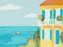 Illustratie van een geel huis met balkon en blauwe luiken aan zee, met een bootje op het water.
