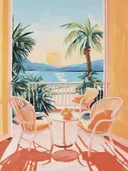 Schilderij van een balkon met rieten stoelen, palmbomen en uitzicht op zee bij zonsondergang.