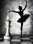 Silhouet van ballerina naast wit schaakstuk