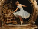Surrealistisch schilderij van een ballerina tussen gouden uurwerktandwielen