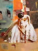 Portret schilderij van ballerina die schoen strikt