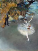 Ballet / The Star / Dancer on the Stage, 1876–1877. Dancer: Rosita Mauri. van Edgar Degas: figuren met ballerina, dans, podium en tutu, in wit met blauwgrijs