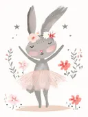 Schilderij van een dansend konijn in een roze tutu tussen bloemen