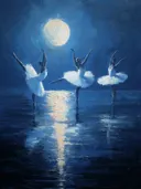 Drie balletdanseressen dansend op water in maanlicht, olieverfschilderij