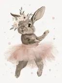 Illustratie van een konijn in een roze balletrokje met een bloemenkrans op het hoofd