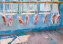 Schilderij van balletschoenen in roze en blauwe tinten