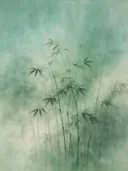 Bamboebos in de mist in jade, mistig oosters landschap