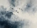 Bamboebos in diep de mist in inktzwart, mistig oosters landschap