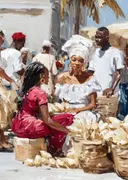 Vrouw in witte jurk verkoopt bananen op een drukke markt