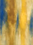 Banen in diep mosterd en kobalt, kleurvelden schilderij, banen