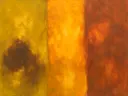 Banen in diep saffraan en roest, kleurvelden schilderij, banen