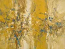 Action painting schilderij, banen (sweep) in mosterd en kobalt