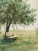 Schilderij van een houten bankje onder een boom in een weide