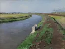 Banks of a Canal, near Naples van Gustave Caillebotte: landschap met kanaal, water, velden en oever, in gedempt blauwgrijs