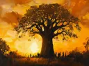 Baobabboom met mensen bij zonsondergang