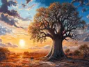 Schilderij van een baobab boom bij zonsondergang