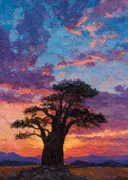 Silhouet van een baobabboom tegen een oranje avondlucht